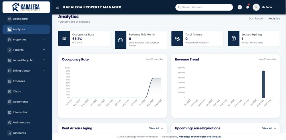 Analytics: occupancy, revenue, arrears and upcoming lease expirations